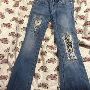 Rock & Roll Cowgirl Distressed Blue Jeans with Floral Embroidery